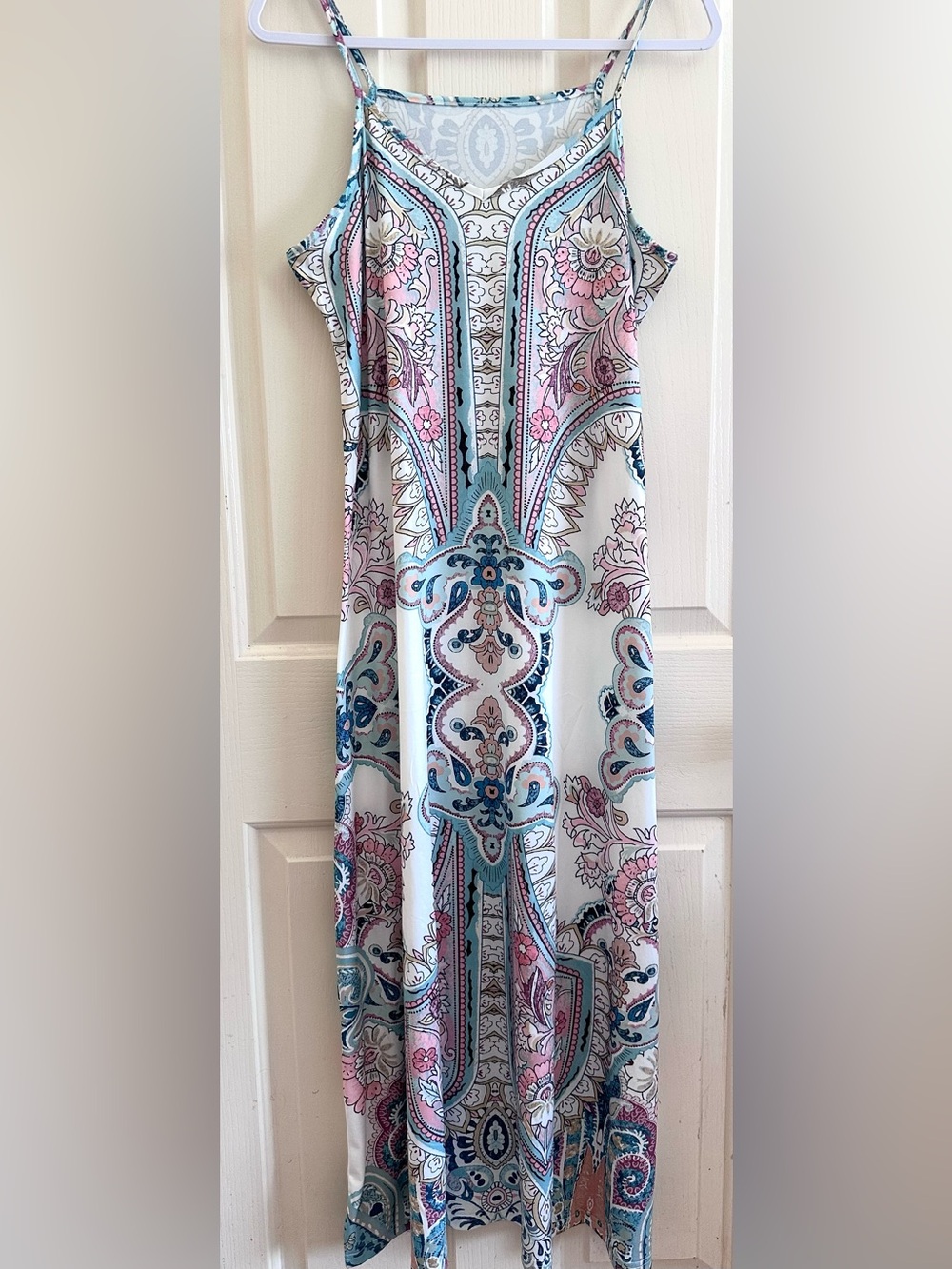 Boho Paisley Maxi Dress in White with Blue & Pink